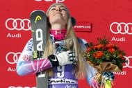 Lindsey Vonn celebrating her downhill win in Cortina at Audi FIS Alpine Ski World Cup - Women's Downhill - (Source: Getty)